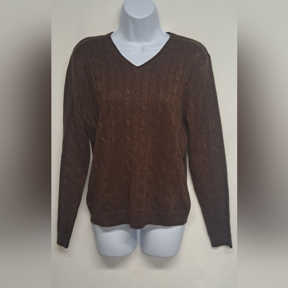 Croft & Barrow M Brown Gold Metallic Sweater V Neck Long Sleeve Like New
